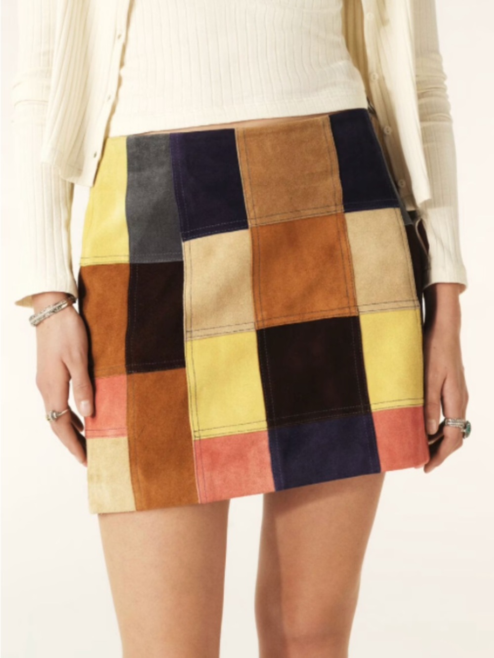 BA&SH Rosalia Mini Skirt Size 10 Multicolor Suede Patchwork Checkerboard NWT